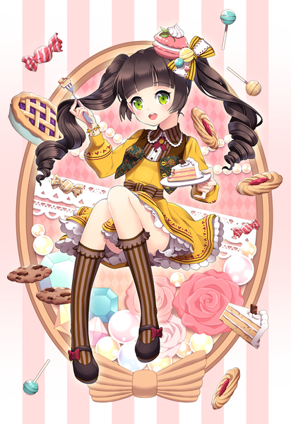 Anime picture 740x1077 with original saban single long hair tall image blush open mouth black hair twintails green eyes drill hair girl dress bow hair bow socks food sweets cake striped socks