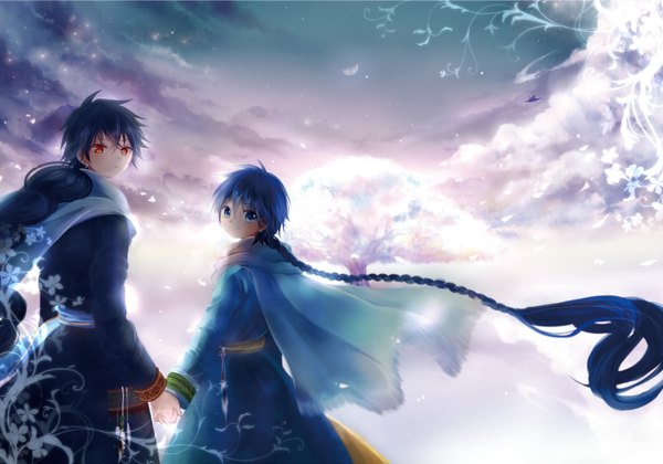 Anime picture 2000x1402 with magi the labyrinth of magic a-1 pictures judal aladdin (magi) monarin highres blue eyes red eyes blue hair sky cloud (clouds) braid (braids) very long hair traditional clothes multiple boys dutch angle holding hands snowing winter boy