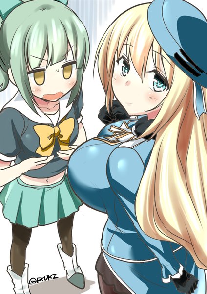 Anime picture 2480x3507 with kantai collection atago heavy cruiser yuubari light cruiser ryuki (ryukisukune) long hair tall image blush fringe highres breasts open mouth light erotic simple background blonde hair smile hair between eyes large breasts standing white background multiple girls