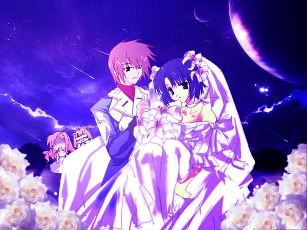 Anime picture 1600x1200 with gundam seed long hair short hair blue hair girl dress boy flower (flowers) star (stars) wedding dress wedding veil