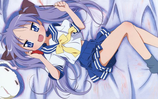 Anime picture 1440x900 with lucky star kyoto animation hiiragi kagami nyamou single long hair wide image purple eyes twintails purple hair lying wallpaper girl navel uniform serafuku sweets cat mobile phone pocky