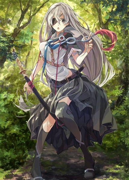 Anime picture 1600x2240 with original tsukugu single long hair tall image looking at viewer breasts standing bent knee (knees) pleated skirt grey hair sunlight grey eyes sheathed girl thighhighs skirt ribbon (ribbons) weapon black thighhighs