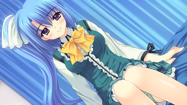 Anime picture 1280x720 with world wide love! (game) munemoto tsubakiko long hair blush blue eyes light erotic wide image blue hair game cg ponytail side ponytail pantyshot sitting girl uniform school uniform bowtie