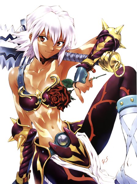 Anime picture 6690x8938 with .hack// .hack//infection black rose (.hack) sadamoto yoshiyuki single tall image looking at viewer fringe highres short hair light erotic simple background smile hair between eyes red eyes white background sitting bare shoulders holding payot
