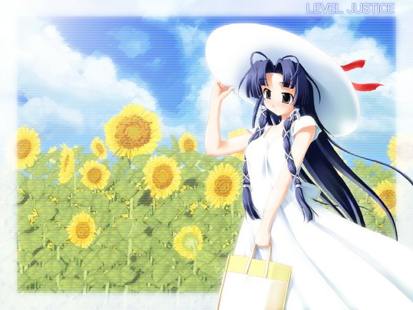 Anime picture 1024x768 with level justice lovely white star sasaki tamaru single long hair blush blue hair looking away sky cloud (clouds) wind black eyes wallpaper framed soft beauty girl dress flower (flowers) ribbon (ribbons) hair ribbon