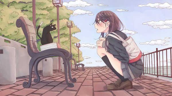 Anime picture 2400x1350 with original rutchifu long hair blush highres open mouth brown hair wide image sitting looking away sky cloud (clouds) bent knee (knees) outdoors profile pleated skirt mole grey eyes sweat mole under eye