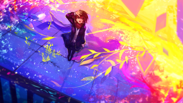 Anime picture 1771x1000 with original tarbo (exxxpiation) single looking at viewer fringe highres short hair open mouth red eyes brown hair wide image standing full body from above shadow hand on head surreal colorful girl uniform