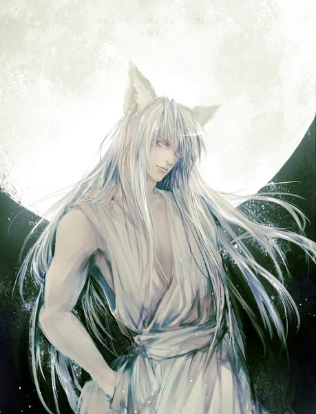 Anime picture 800x1046 with yu yu hakusho youko kurama lazy c single long hair tall image looking at viewer fringe animal ears white hair traditional clothes japanese clothes inscription night grey eyes hand in pocket boy moon full moon
