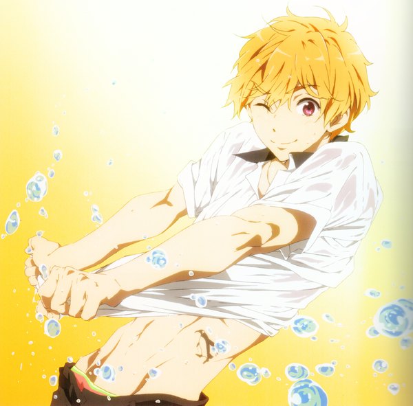 Anime picture 2138x2107 with free! kyoto animation hazuki nagisa nishiya futoshi single looking at viewer highres short hair simple background blonde hair smile one eye closed pink eyes wink scan official art bare belly yellow background boy splashes