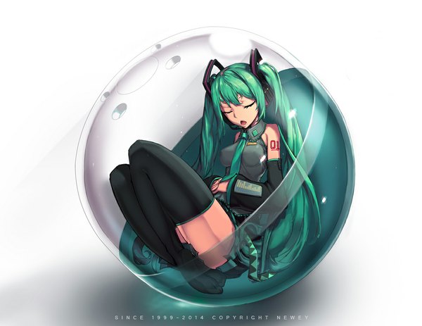 Anime picture 1000x773 with vocaloid hatsune miku newey single long hair fringe breasts open mouth twintails eyes closed pleated skirt green hair aqua hair wide sleeves tattoo girl thighhighs skirt detached sleeves miniskirt