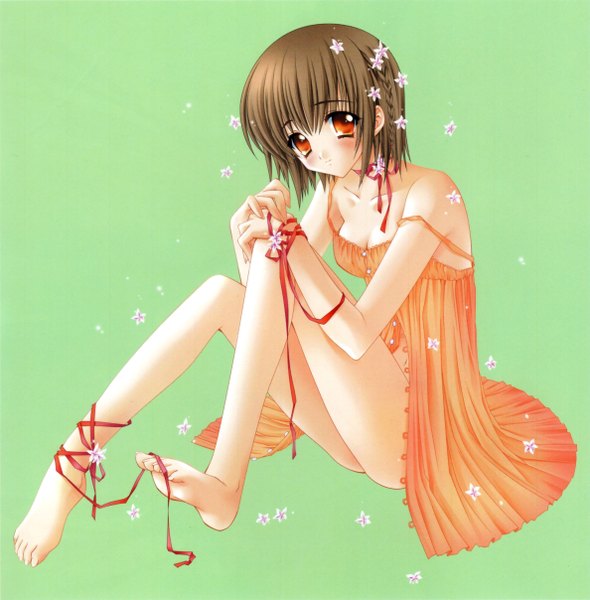 Anime picture 4749x4832 with tagme (copyright) tagme (character) carnelian single tall image blush highres short hair simple background brown hair white background sitting brown eyes absurdres barefoot scan open clothes single braid side braid green background