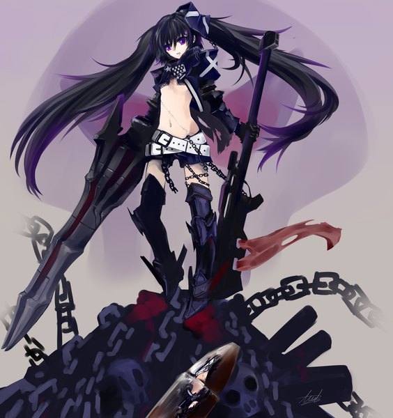 Anime picture 4400x4679 with black rock shooter insane black rock shooter baraen long hair tall image highres light erotic black hair purple eyes twintails absurdres scar skull and crossbones girl navel weapon sword jacket shorts boots