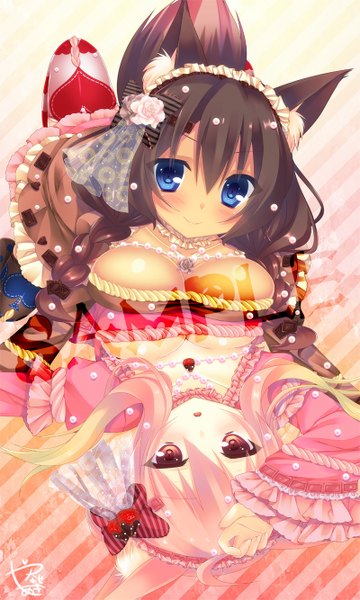 Anime picture 800x1333 with original yanase aki long hair tall image looking at viewer blush breasts open mouth blue eyes light erotic black hair smile red eyes multiple girls animal ears pink hair girl dress bow 2 girls