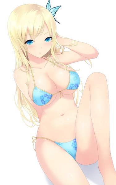 Anime picture 800x1280 with boku wa tomodachi ga sukunai kashiwazaki sena cait single long hair tall image looking at viewer breasts blue eyes light erotic simple background blonde hair large breasts white background girl navel hair ornament swimsuit bikini butterfly hair ornament