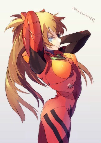 Anime picture 1000x1414 with neon genesis evangelion rebuild of evangelion evangelion: 3.0 you can (not) redo gainax soryu asuka langley hajime (hajime-ill-1st) single long hair tall image blue eyes simple background standing profile from above orange hair grey background copyright name arms behind head girl hairband