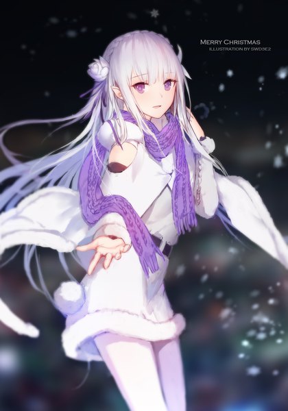 Anime picture 1400x2000 with re:zero kara hajimeru isekai seikatsu white fox emilia (re:zero) swd3e2 single long hair tall image looking at viewer fringe open mouth hair between eyes standing purple eyes signed silver hair braid (braids) hair flower pointy ears blurry depth of field