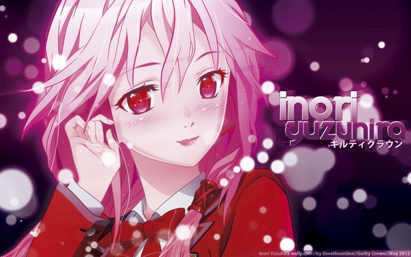 Anime picture 1920x1200 with guilty crown production i.g yuzuriha inori single long hair blush highres red eyes wide image pink hair inscription girl uniform school uniform bowtie