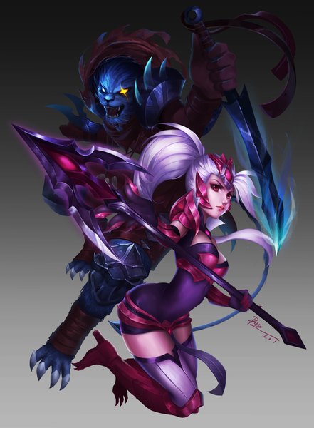 Anime picture 2500x3400 with league of legends nidalee (league of legends) rengar (league of legends) deix long hair tall image highres breasts blue eyes simple background red eyes animal ears yellow eyes silver hair bent knee (knees) ponytail fang (fangs) heterochromia girl weapon