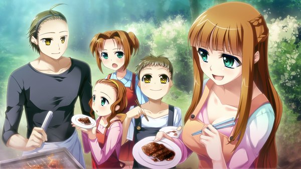 Anime picture 1280x720 with gensou douwa alicetale long hair short hair open mouth brown hair wide image green eyes yellow eyes game cg girl boy food hairband child (children)