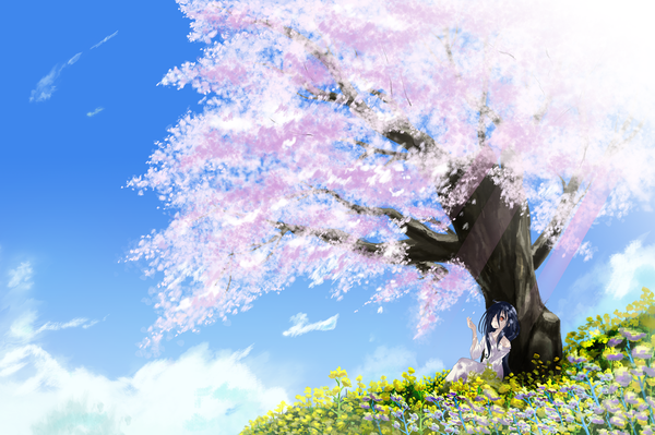 Anime picture 1100x733 with the ring yamamura sadako azumawari (azumofu) single long hair fringe black hair smile hair between eyes sitting sky cloud (clouds) outdoors arm up sunlight blurry hair over one eye off shoulder cherry blossoms looking up