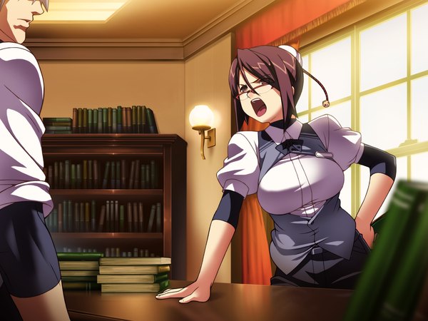Anime picture 1024x768 with hotel (game) short hair open mouth black hair brown eyes game cg girl shirt glasses book (books) bell