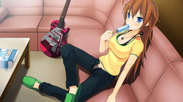 Anime picture 1280x720 with natsuiro asagao residence single long hair blush blue eyes brown hair wide image sitting game cg girl food sweets couch ice cream guitar