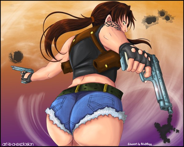 Anime picture 1800x1443 with black lagoon madhouse revy (black lagoon) art-is-a-explosion single long hair highres light erotic brown hair holding signed yellow eyes ponytail looking back from behind tattoo coloring framed dual wielding girl
