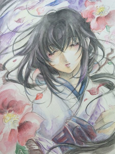 Anime picture 1536x2048 with rurouni kenshin yukishiro tomoe sana (artist) single long hair tall image black hair eyes closed traditional clothes japanese clothes wind traditional media watercolor (medium) girl flower (flowers) petals kimono