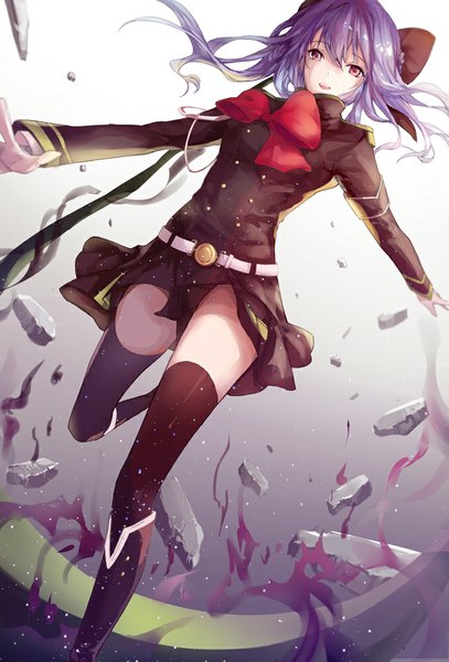 Anime picture 678x1000 with owari no seraph wit studio hiiragi shinoa kinokohime single long hair tall image looking at viewer simple background red eyes purple hair bent knee (knees) braid (braids) parted lips grey background outstretched arm girl thighhighs uniform bow