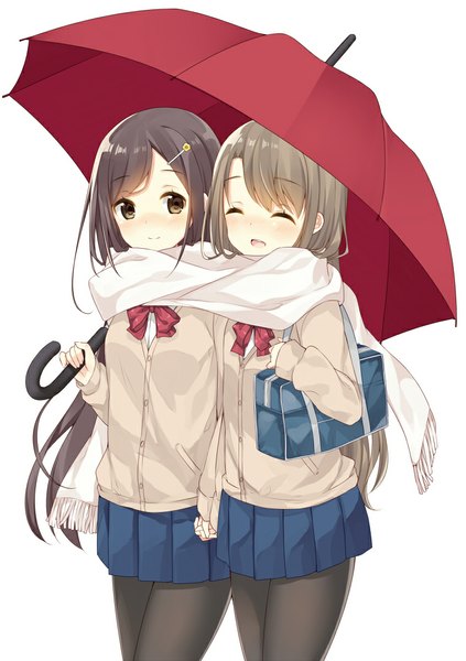 Anime picture 760x1079 with original bekotarou long hair tall image blush open mouth black hair simple background white background multiple girls brown eyes eyes closed grey hair shared scarf shared umbrella girl skirt uniform 2 girls school uniform