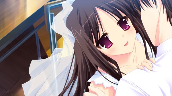 Anime picture 1280x720 with amakan (game) yashima otome long hair blush black hair smile wide image game cg pink eyes girl dress wedding dress