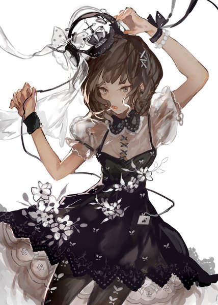 Anime picture 1024x1436 with original manbou no shigai single tall image looking at viewer fringe short hair open mouth simple background brown hair white background arm up :o short sleeves grey eyes puffy sleeves hand on head girl dress flower (flowers)