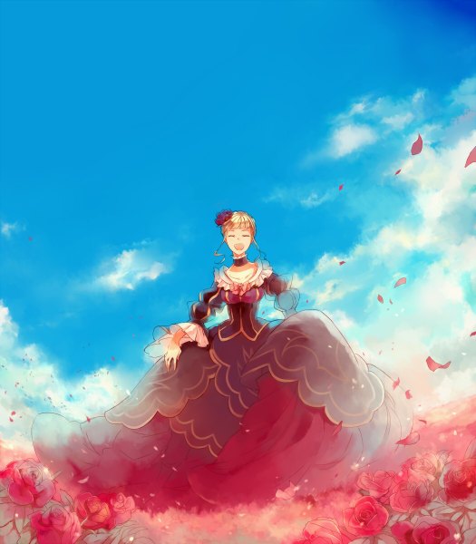 Anime picture 1050x1200 with umineko no naku koro ni beatrice ayko (artist) single tall image blonde hair sky cloud (clouds) eyes closed hair flower happy girl dress hair ornament flower (flowers) petals rose (roses)