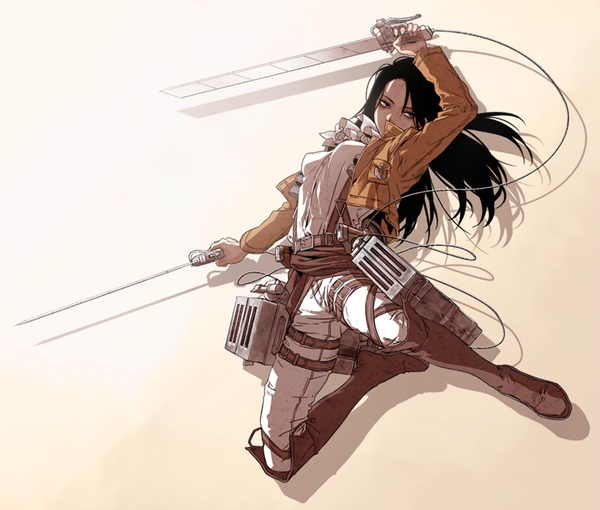 Anime picture 800x680 with shingeki no kyojin production i.g levi (rivaille) jijangdol single long hair black hair looking away open clothes open jacket shadow grey eyes gradient background genderswap attack girl uniform weapon sword jacket