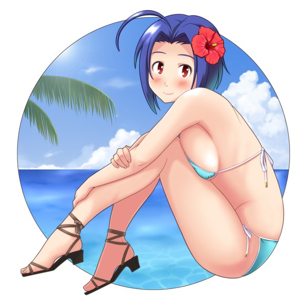 Anime picture 1600x1600 with idolmaster miura azusa toshifumi single looking at viewer blush short hair breasts light erotic smile red eyes blue hair sky cloud (clouds) ahoge hair flower leg hug girl hair ornament flower (flowers)