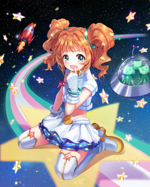 Anime picture 640x800 with idolmaster takatsuki yayoi moai (aoh) single tall image looking at viewer blush fringe open mouth blue eyes smile sitting twintails bent knee (knees) orange hair finger to mouth space girl skirt gloves