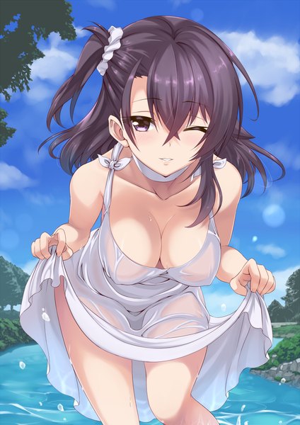 Anime picture 723x1023 with original maou single long hair tall image looking at viewer blush breasts light erotic black hair purple eyes sky cloud (clouds) one eye closed wink girl water sundress