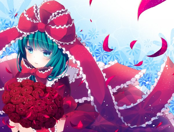 Anime picture 1200x910 with touhou kagiyama hina rairateru single blush short hair blue eyes looking away green hair from above girl dress flower (flowers) bow ribbon (ribbons) hair bow hair ribbon petals rose (roses) red rose