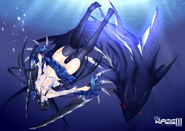 Anime picture 2000x1416 with pixiv shadow daive long hair highres blue eyes light erotic black hair pantyshot underwater girl thighhighs skirt weapon black thighhighs miniskirt sword bubble (bubbles) fish (fishes)