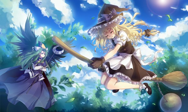 Anime picture 1000x599 with touhou kirisame marisa mima pollia long hair blonde hair wide image multiple girls green eyes sky cloud (clouds) braid (braids) eyes closed green hair witch girl dress skirt bow 2 girls