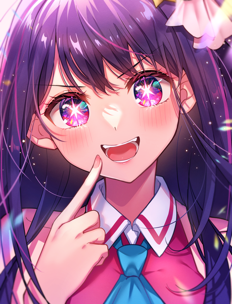 Anime picture 3021x3946 with oshi no ko hoshino ai (oshi no ko) umishima rinta single long hair tall image looking at viewer blush highres open mouth purple eyes absurdres purple hair upper body head tilt :d symbol-shaped pupils girl necktie