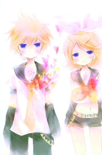 Anime picture 3994x6059 with vocaloid kagamine rin kagamine len shimeko tall image highres blue eyes simple background blonde hair white background absurdres scan midriff girl boy navel uniform hair ornament ribbon (ribbons) hair ribbon