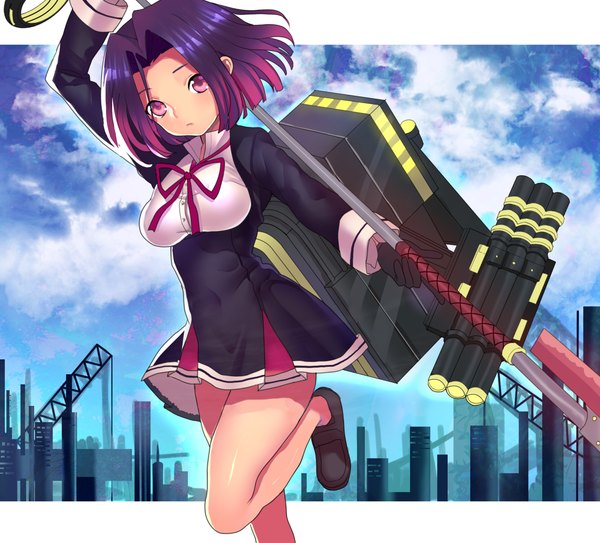 Anime picture 1520x1378 with kantai collection tatsuta light cruiser elizabeth (erika123) single looking at viewer blush short hair purple eyes sky purple hair cloud (clouds) girl gloves weapon black gloves building (buildings) halo skyscraper
