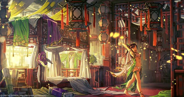 Anime picture 1251x663 with original bespin single long hair fringe light erotic brown hair wide image twintails signed bent knee (knees) indoors blunt bangs eyes closed traditional clothes japanese clothes barefoot arm up blurry bare belly