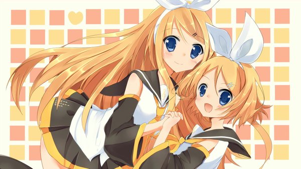 Anime picture 1920x1080 with vocaloid kagamine rin asanagi kurumi (panda-doufu) long hair looking at viewer blush highres short hair open mouth blue eyes blonde hair wide image multiple girls wallpaper holding hands framed dual persona future style (module) girl bow