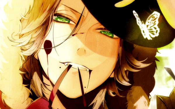 Anime picture 1920x1200 with diabolik lovers idea factory sakamaki raito single looking at viewer highres short hair brown hair wide image green eyes teeth portrait sharp teeth vampire boy hat insect butterfly