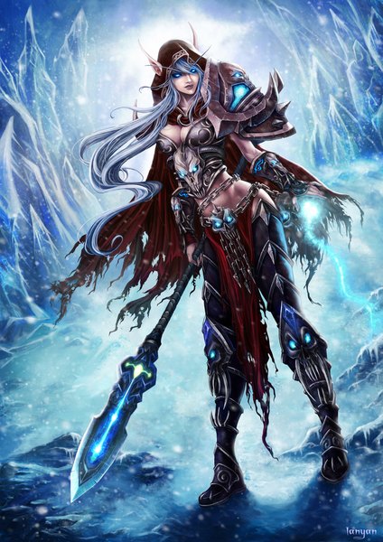 Anime picture 1379x1950 with world of warcraft warcraft blizzard entertainment death knight lanyan single long hair tall image fringe breasts standing signed cleavage lips pointy ears midriff glowing snowing winter snow