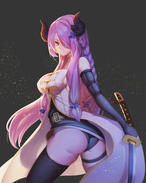 Anime picture 2480x3105 with granblue fantasy narmaya (granblue fantasy) gallant99770 single long hair tall image looking at viewer blush fringe highres breasts light erotic large breasts purple eyes purple hair ass braid (braids) horn (horns) light smile pointy ears