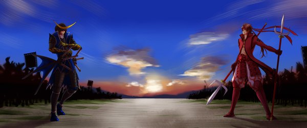 Anime picture 1800x750 with sengoku basara production i.g date masamune sanada yukimura highres short hair black hair brown hair wide image cloud (clouds) traditional clothes multiple boys evening sunset army boy gloves ribbon (ribbons) weapon jacket