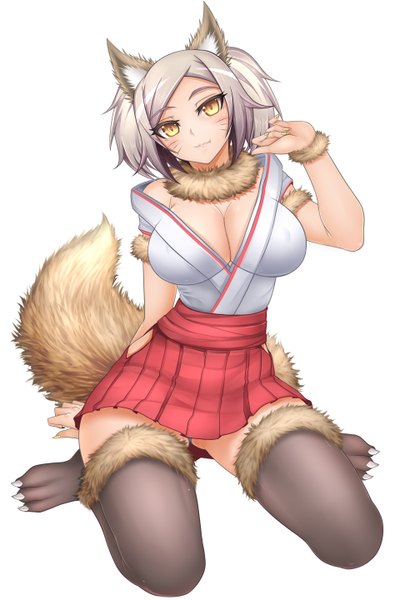 Anime picture 960x1440 with original oni-noboru single tall image looking at viewer blush short hair breasts light erotic simple background large breasts white background animal ears yellow eyes cleavage tail traditional clothes japanese clothes animal tail grey hair